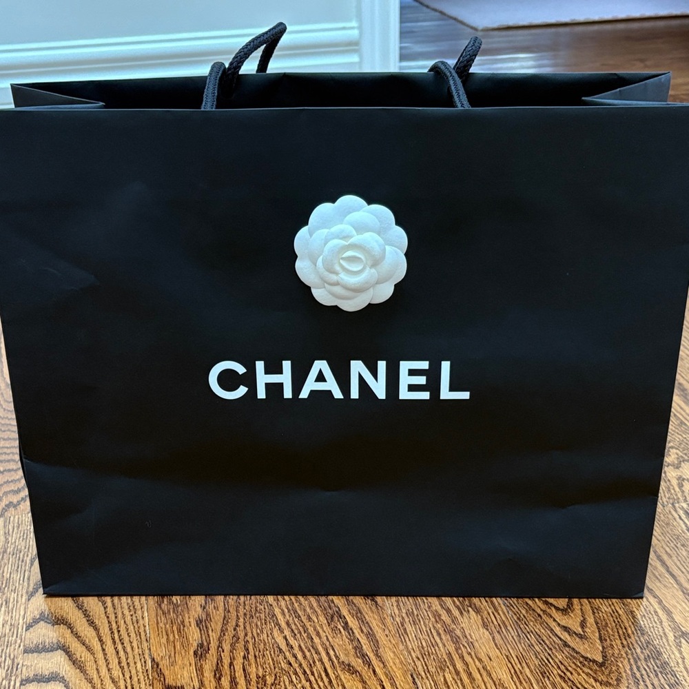 CHANEL Black Shopping Bag with White Camellia